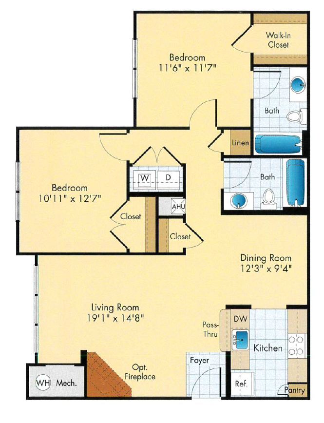 Floor plan for 2 beds, 2 baths, 960 sqft